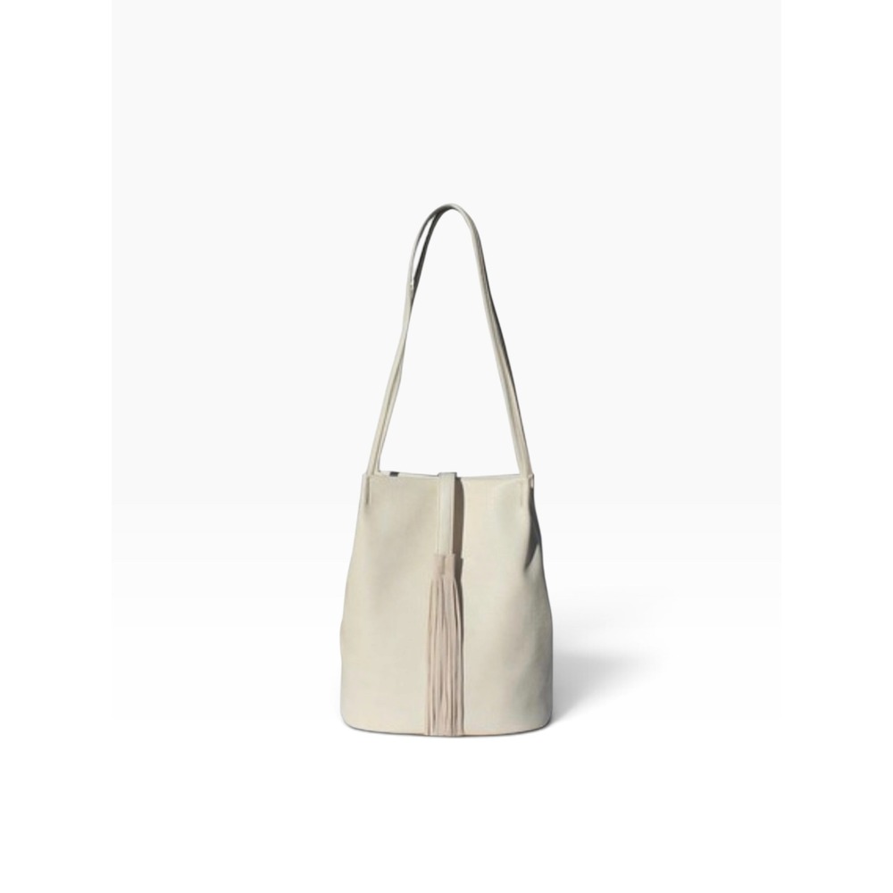 Minimalist Western Fringe White Leather Bucket Bag Boho Chic Tassel Shoulder Bag